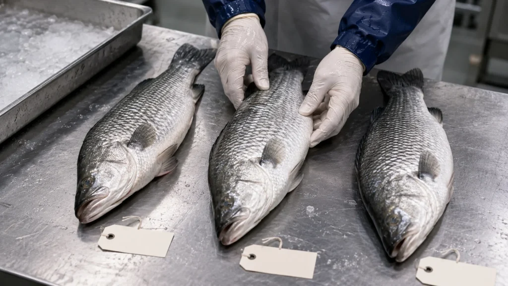 Three whole barramundi compared side by side on a chilled seafood quality-control table.