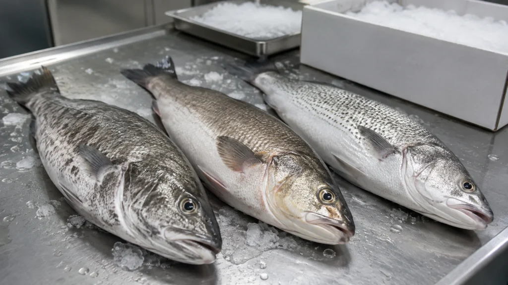 Three visibly different corvina-type fish compared side by side on a chilled seafood inspection table.
