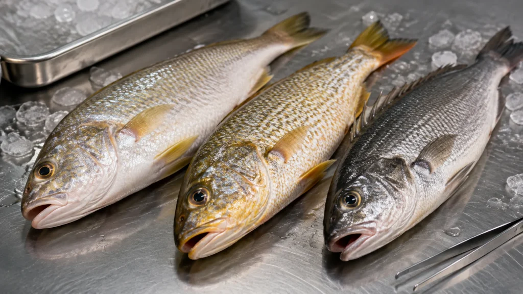 Three different croaker-family fish compared side by side on a stainless-steel seafood inspection surface.