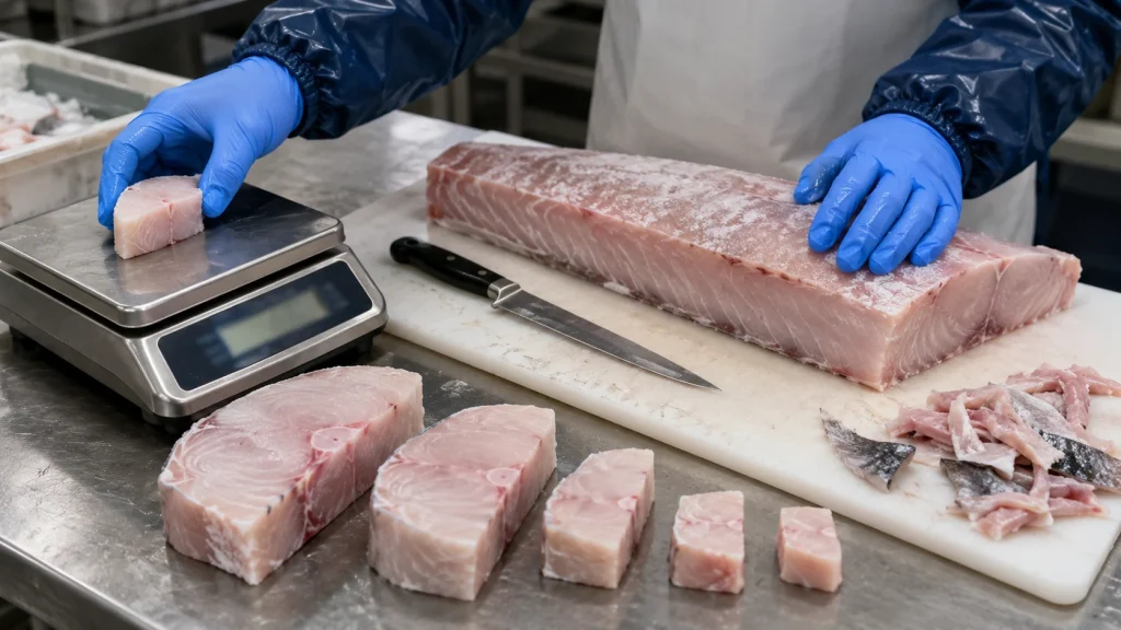 Gloved worker weighing a fish portion beside a trimmed loin, several cut sizes, and seafood trimmings on a processing table.