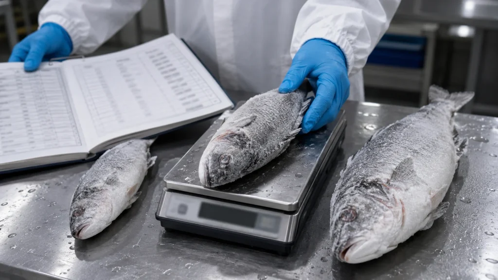 Gloved hands compare three frozen fish sizes beside a scale and unreadable seafood catalog on a stainless-steel table.