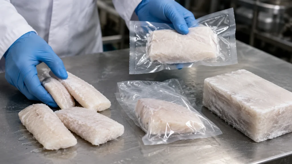 Frozen fish portions shown as loose IQF pieces, vacuum packed, individually wrapped, and block frozen.