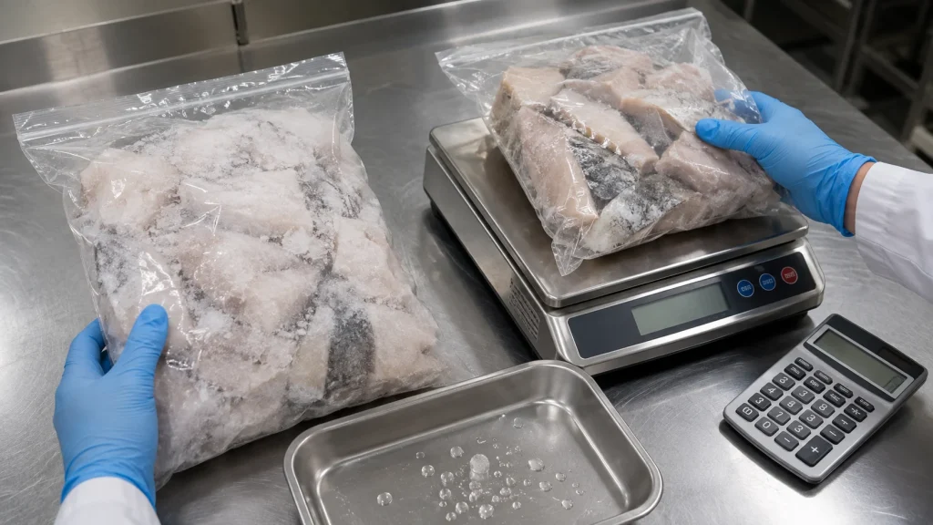 Gloved worker compares two frozen fish bags with different glaze levels on a digital scale.