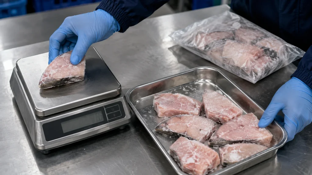 Gloved worker weighing a frozen fish sample beside comparable portions on a quality-control table.