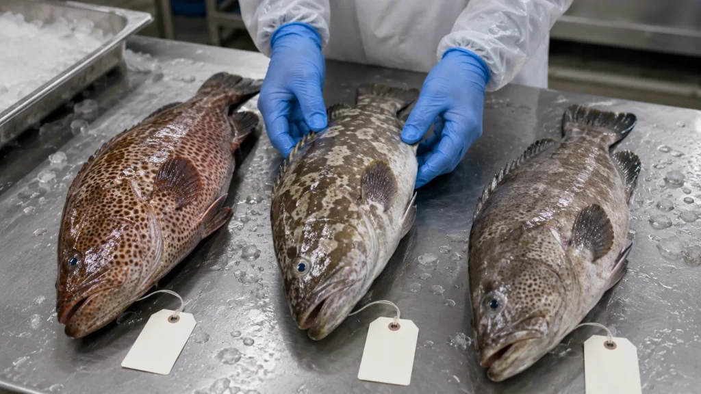 Three different whole grouper fish compared side by side on a chilled seafood inspection table.