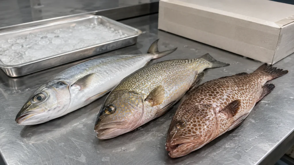 Three visibly different whole frozen fish compared side by side on a stainless-steel seafood quality-control table.