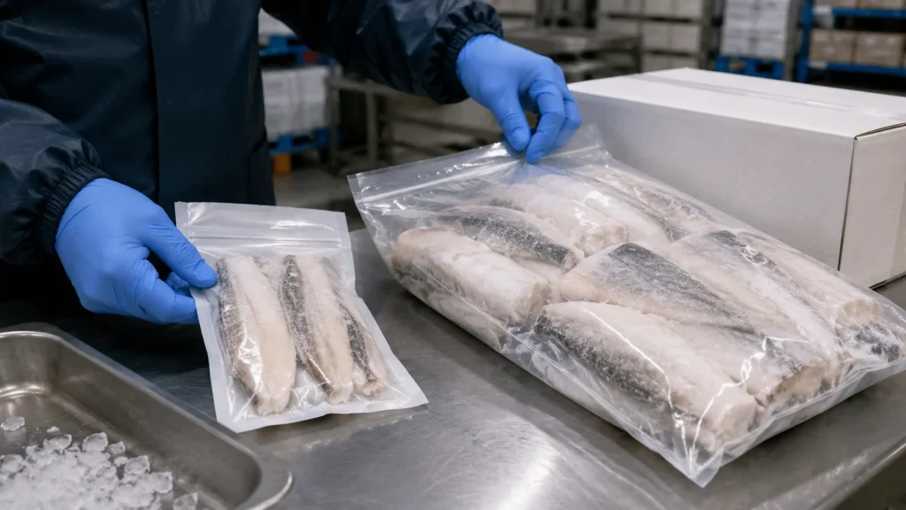 Retail pouch and bulk foodservice pack of frozen fish being checked on a stainless-steel processing table