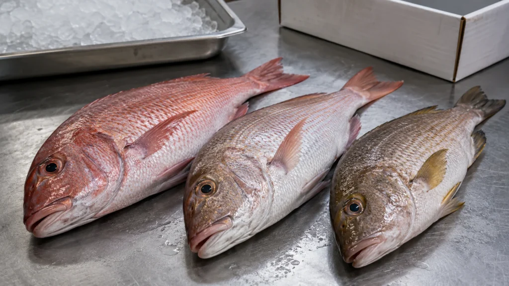 Three visibly different snapper-type fish arranged side by side on a chilled seafood inspection table.