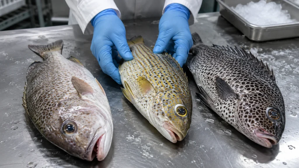 Three whole sweetlip-type fish compared side by side on a chilled seafood quality-control table.